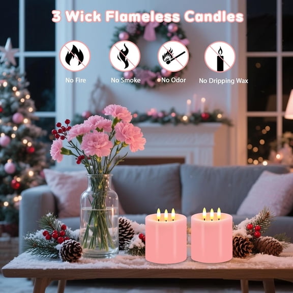 BDIUA-Large 3 Wick Flameless Candles, 4"x4" Flickering Flameless Candles with Remote & Timer, Dimmable Real Wax LED Candles Battery Operated, Electric Pillar Candles for Wedding Valentine's Day Decor
