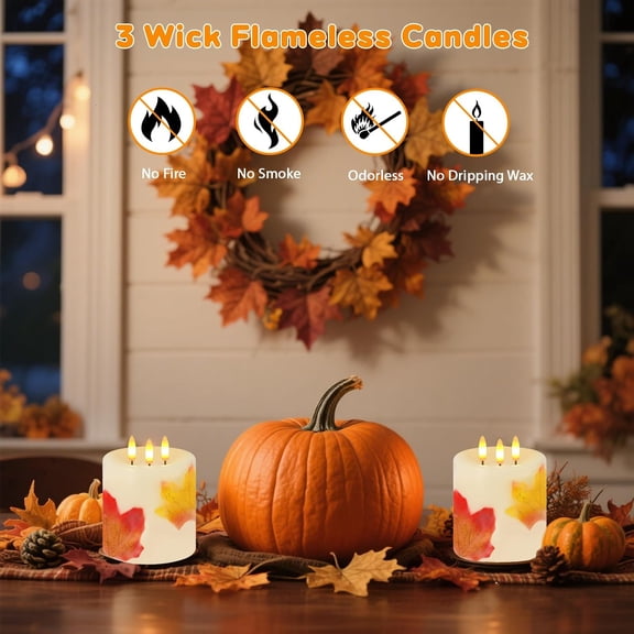 BDIUA-Large 3 Wick Flameless Candles, 4"x4" Flickering Maple Leaves LED Candles with Remote & Timer, Real Wax Electric Pillar Candles Battery Operated, Fall Candles for Thanksgiving Harvest Autumn De