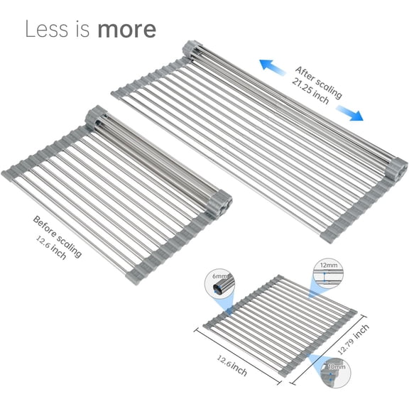 BDIUA-Large Expandable Roll Up Dish Drying Rack, Heat-Resistant Dish Drainer for Stainless Steel Sinks, Over The Sink Non-Slip Silicone Rollable Dish Drainer Roll Rack 18 Tube Gray 21.25''x12.79''