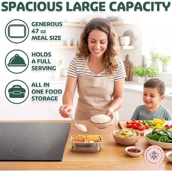 BDIUA-- Large Stainless Steel Food Container + Snap Lock Lid - 47 oz - Airtight Food Storage Box - Meal Prep, Vegetables, Travel Lunch, Marinating Meat - Microwave, Oven, Refrigerator Safe
