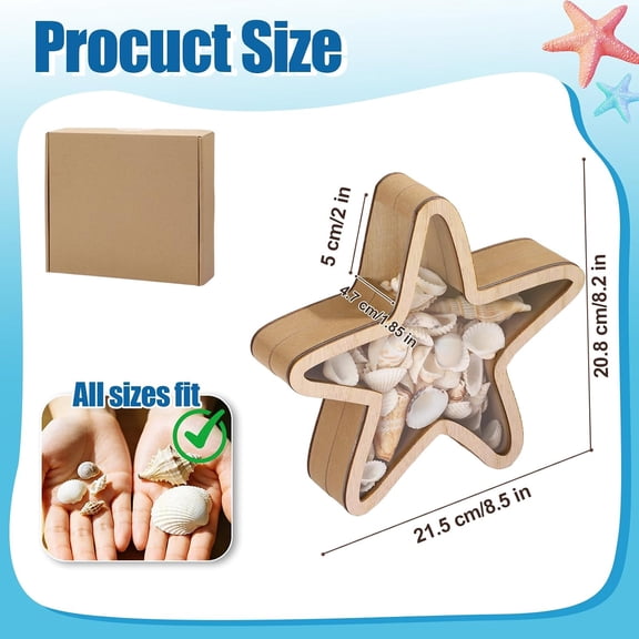 BDIUA-Large Starfish Seashell Display Box Wooden Beach Memory Holder with Acrylic Window for Seashell Keepa Collection, Sea Coastal Summer Beach Decor