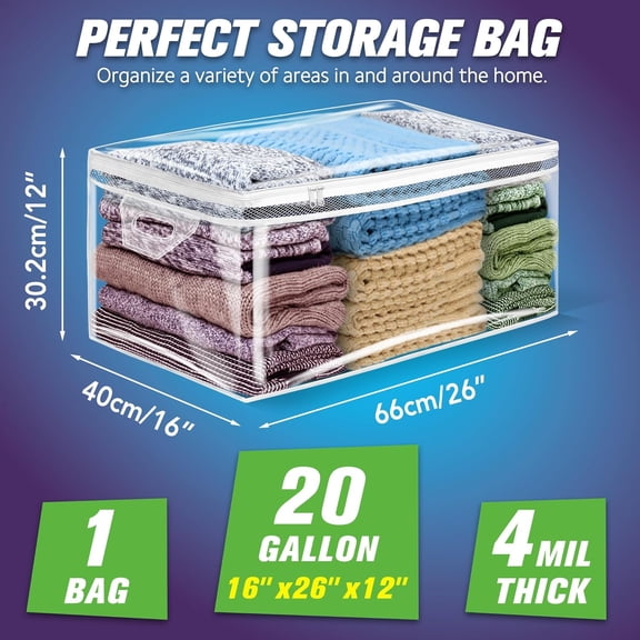 BDIUA-Large Storage Bag for Clothes, Jumbo Zipper Totes | 20 Gallon xxl, Flexible, Clear Extra Thick Plastic, Reinforced Handles, Double Zip