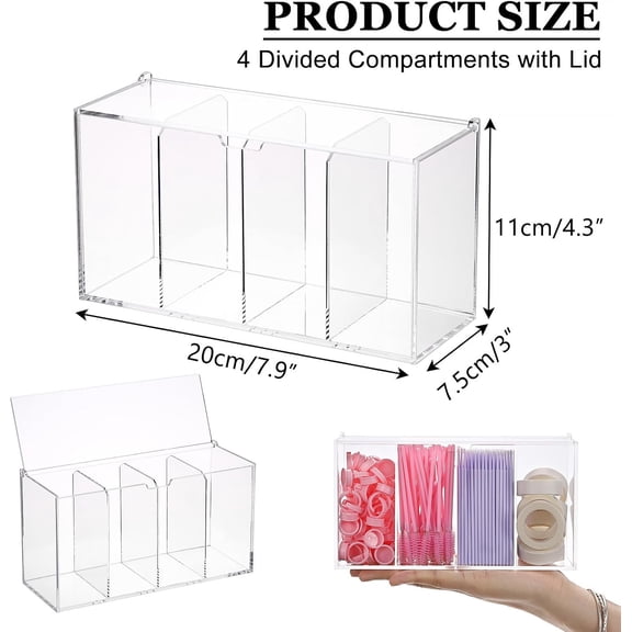 BDIUA-Lash Extension Organizer Box with Lid, Acrylic Eyelash Supplies Organizer Storage Box, 4 Compartments Bathroom Supplies Storage Container for Cotton Swabs, Balls, Pads, Floss Picks