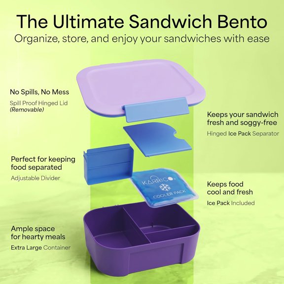 BDIUA-Leakproof Lunch Box 3-Compartment Bento Box, Cooler Pack & Adjustable Divider, Extra Large & BPA-Free Dishwasher Safe, Ideal for On-the-Go Meals, Lilac & Blue