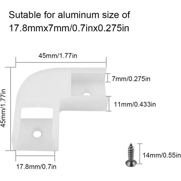 BDIUA-Led Channel Connectors Corner Kit for Led Strip Lights 45X45 90 Degree Connectors Suit for U-channel Led Light Diffuser Kitchen Cabinets Led Aluminum 17.8X7mm with Screw Angle Turning Solution