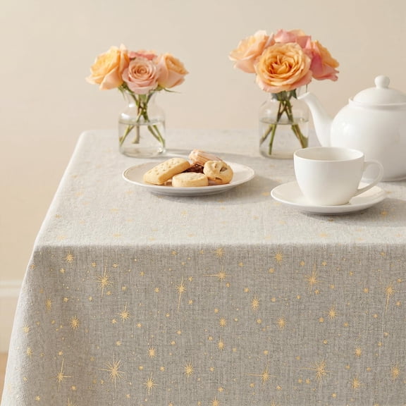 BDIUA-Light Coffee Rustic Tablecloth, Gold Star Glitter Metallic Foil Table Cloth, 60104 Inch Rectangular, Washable Stain-Resistant Farmhouse Table Cover for Party Wedding Birthday