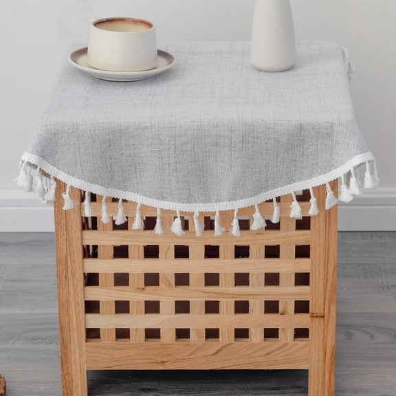 BDIUA-Linen Small Round Tablecloth 24 Inch Light Grey Washable Wrinkle Resistant Table Cover with Tassels Farmhouse Decorative Burlap Fabric Table Cloths for Nightstand Wedding Camping Party Holiday