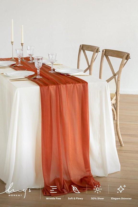 -Ling's Moment 10Ft Burnt Orange Sheer Chiffon Table Runner Terracotta Tablecloth Rust Linens with Silver Sparkle for Wedding Rustic Boho Party Bridal Shower Decorations Birthday Party Fall Deco