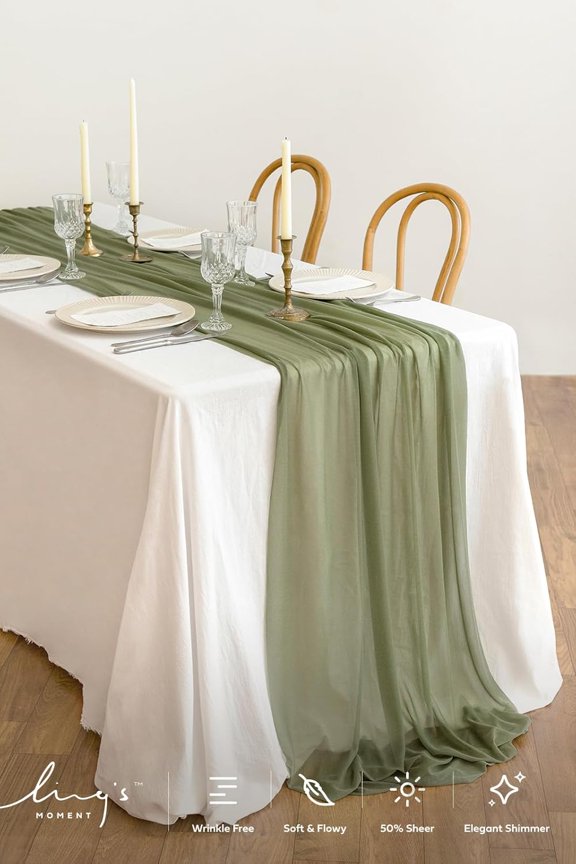 -Ling's Moment 10Ft Chiffon Table Runner, Sage Green Table Runners Light Green Sheer Table Runner for Wedding Rustic Boho Wedding Party Bridal Shower Decorations Birthday