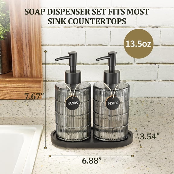 BDIUA-MASADI Soap Dispenser Set with Bamboo Tray, Dish and Hand Soap Lotion Dispenser Set with Wooden Pump for Kitchen and Bathroom Decor for Counter, Modern Vintage Liquid Soap Dispensers (Grey&Blac