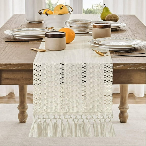BDIUA-Macrame Style Boho Table Runner, Ivory Table Runners 48 Inches Long, Farmhouse Woven Home Decor, 12x48 Inch, Ivory