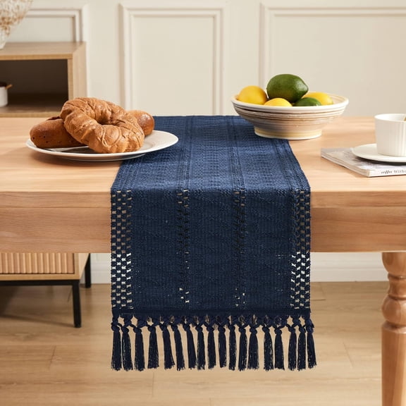 BDIUA-Macrame Style Boho Table Runner, Navy Table Runners 60 Inches Long, Farmhouse Woven Home Decor, 12x60 Inch, Navy Blue