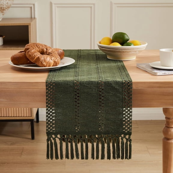 BDIUA-Macrame Style Boho Table Runner, Olive Green Table Runners 36 Inches Long, Farmhouse Woven Home Decor, 12x36 Inch, Olive