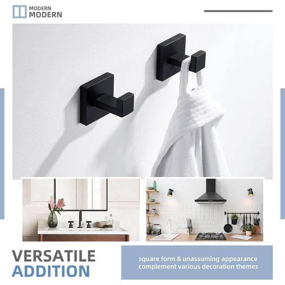 BDIUA-Matte Black Towel Hooks for Bathroom, SUS 304 Stainless Steel Square Wall Coat Hooks, 2 Pack
