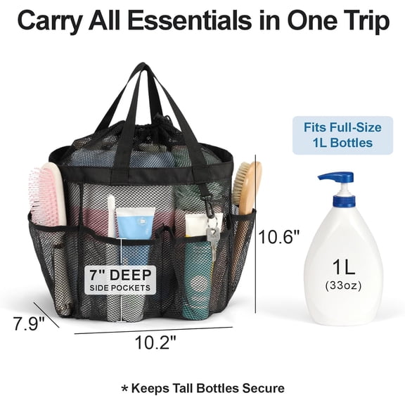 BDIUA-Mesh Shower Caddy Portable with Drawstring, S Hook - 8 Deeper Pockets 2 Handles College Dorm Room Essentials for Girls Guys, Shower Bag Hanging for Camping Gym Travel Toiletry Bathroom, Black