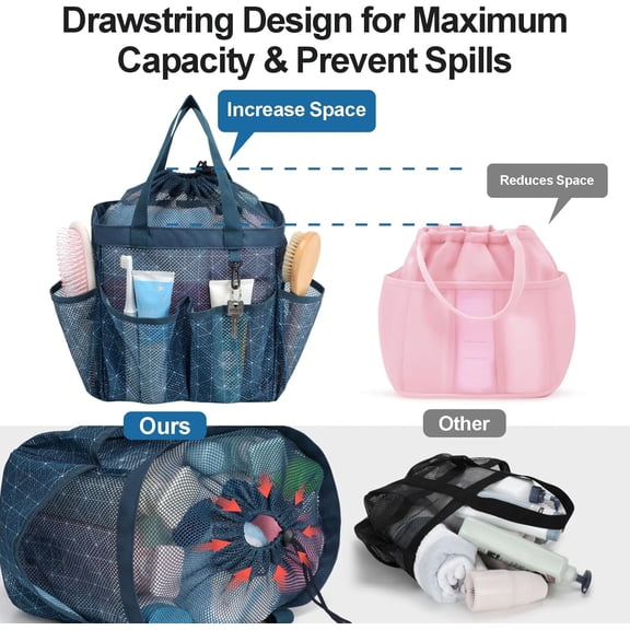BDIUA-Mesh Shower Caddy Portable with Drawstring - Upgrade Deeper 7 Pockets Dorm Room Essentials for Guys Girls with S Hook, Shower Bag Basket Tote for College Camping Gym Bathroom, Starlight Navy