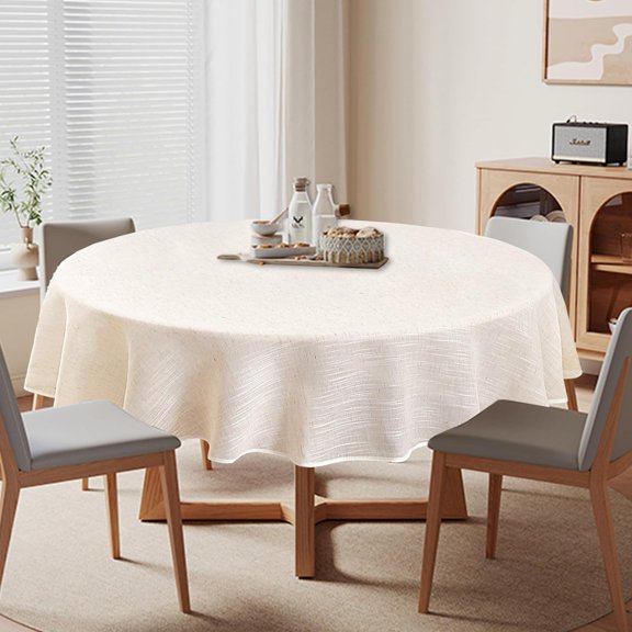 BDIUA-Natural Linen Textured Round Tablecloth, Slubby Lightweight Table Cloth 60 Inch, Water Resistant Stain Resistant Farmhouse Burlap Table Cover for Kitchen Dining Room