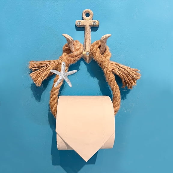 BDIUA-Nautical Toilet Paper Holder - Rope Towel Rack Bathroom Decor, Wall-Mounted Beach Towel Holder Towel Ring with Metal Anchor Hook for Coastal Themed Bathroom-Rustic White