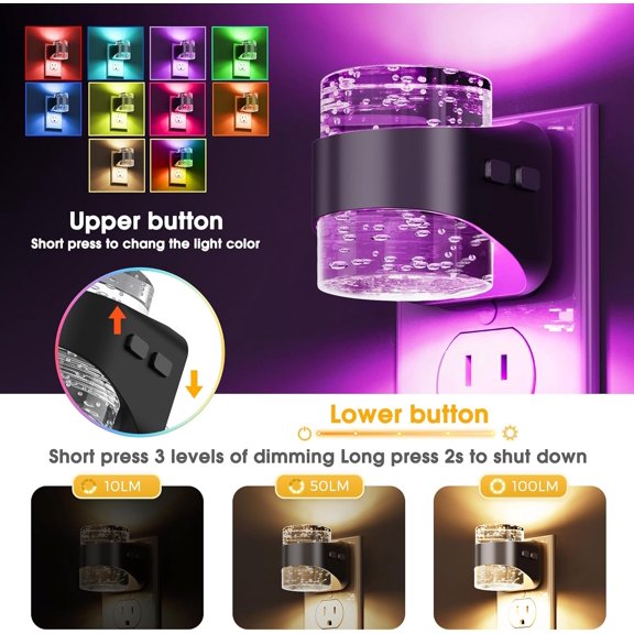 BDIUA-Night Light, RGB Bubble Night Lights Plug into Wall, 2 Pack 10-Color Change Night Light,Dimmable Nightlights with Dusk to Dawn Sensor for Rooms Bathroom Hallway