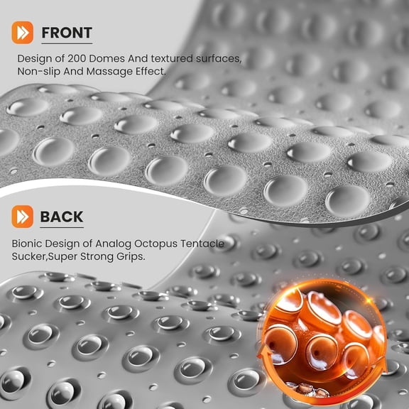 BDIUA-Non-Slip Bath Tub Mat, 39x16 Inch Extra Large Shower Mat with Drain Holes & Suction Cups, Machine Washable, Grey
