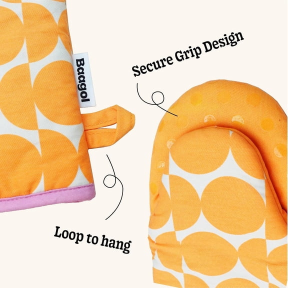 BDIUA-Non-Slip Cotton Kitchen Oven Mitt Set, Modern and Cute Kitchen Mittens with Non-Slip Silicone Grips and Hanging Loops, 2 Piece, 12" x 5.5" (Tangerine Crush)