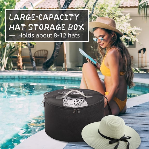 BDIUA-Organizer for Women and Men, Round Storage Box Portable Felt Container Foldable Hat Holder With Dust Proof Lid, Rack for Closet or Travel (17" D x 10" H, Black)