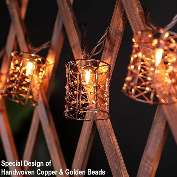 BDIUA-Outdoor Patio String Lights Plug in with 10 Incandescent Bulbs, Handwoven Beaded Copper Wire Style Decorative Lantern String Lights Connectable Weatherproof for Pergola, Porch, Mantel, Indoor D