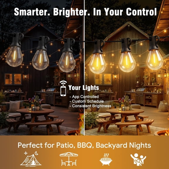 BDIUA-Outdoor String Lights 25FT, APP Control Dimmable S08 Edison LED Bulbs, Timer, Bluetooth, IP65 Waterproof, Hanging Patio Lights for Yard Garden Backyard Deck Porch Balcony Camping Party