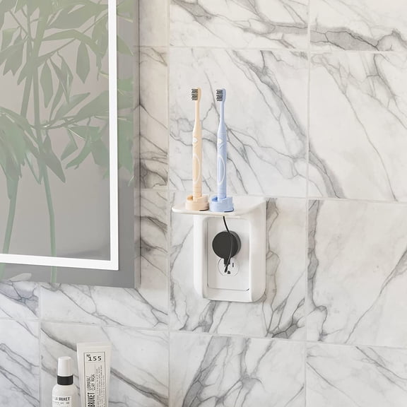 BDIUA-Outlet Shelf Wall Holder, Bathroom Shelf up to 10lbs Standard Vertical Duplex Wall Organizer for Smart Home Decor Space Saving Power Tools, Toothbrush (OLS001-W), 1 Pack, White