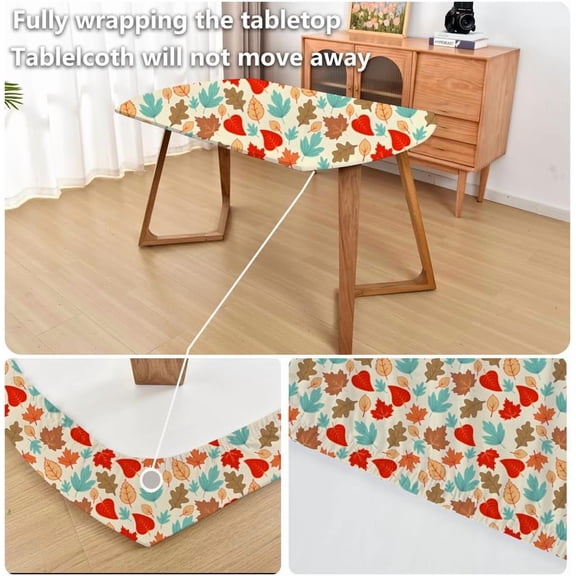 BDIUA-Oval Fall Fitted Tablecloth with Elastic 48x68 inch for Oval Tables Washable Stretchy Spandex Maple Leaves Fabric Table Cover Cloth Not Vinyl Table Protector