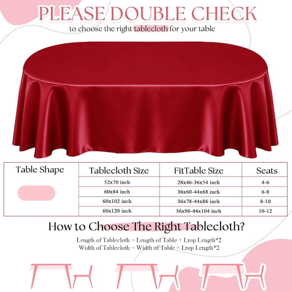 BDIUA-Oval Tablecloth 52 x 70 Inch, Made of Red Satin Fabric, Suitable for 4-6 Seats, Wrinkle-Resistant and Easy-Clean Design Table Decoration for Wedding, Banquet, Kitchen, Indoor and Outdoor