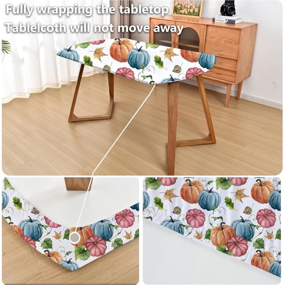 BDIUA-Oval Thanksgiving Tablecloth Stretchy Fabric Washable Cloth Dining Table Cover with Elastic No Slip Reusable Blue Pumpins 48 x 72 Inch