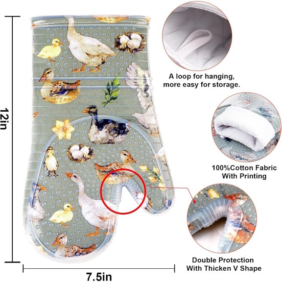 BDIUA-Oven Mitts Set of 2 with Transparent Clear Silicone Shell and Nice Duck Printing Cotton Lining, Heat Resistant to 500 F Kitchen Oven Gloves Pot Holder for Cooking (Wathet Blue, Oven Mitts)