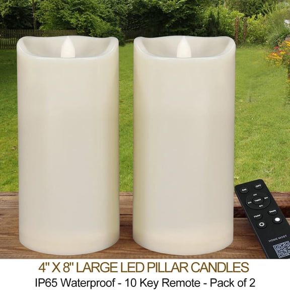 BDIUA-Pack of 2 Large Outdoor LED Pillar Candles 4x8 with Timer and Remote - IP65 Waterproof Battery Operated LED Pillar Candles Ivory Body - Oblique Edge Flickering Flameless Pillar Candles