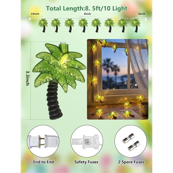 BDIUA-Palm Tree String Lights Outdoor, Summer Beach Themed Decoratives String Lights with 10 Palm Tree Patio Light, Plug in Indoor Fairy Lights for Outdoor Indoor Beach Tropical Party Bedroom Birthda