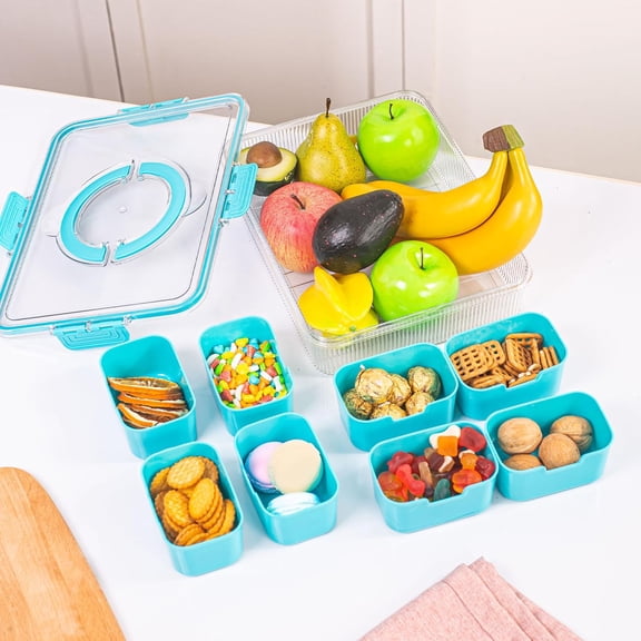 BDIUA-Patent Design Ribbed Snackle Box Container Divided Serving Tray with Lid and Handle -Charcuterie Container Portable Storage Organizer for Candy, Fruit, Beach, Picnics1 pcs, Lake blue