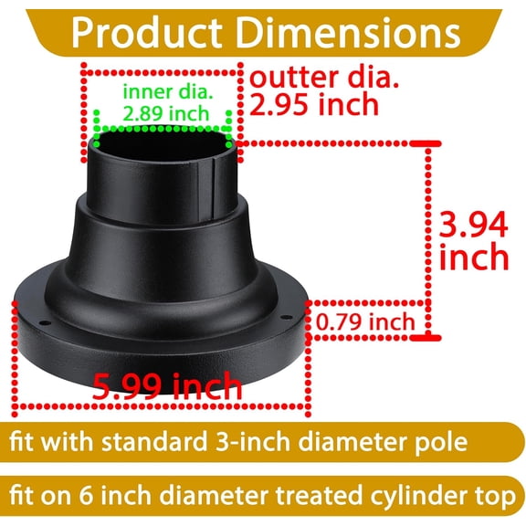 BDIUA-Pillar Mount Tapered Base for 3 Inch Diameter Post Light-Outdoor Pole Mounting Base Aluminum Alloy Outdoor Post Light Fixture Mounts for Driveway Entrance,Porch,Deck,Matte Black
