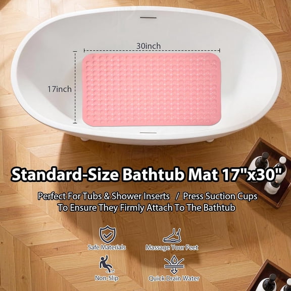 BDIUA-Pink Bathtub Mat Shower Mat Non Slip 17x30 Inch Standard Size, Soft Bubble Bath Tub Mat Shower Mats for Inside Shower Bathroom Floor Mat with Big Suction Cups & Drain Holes, BPA-Free