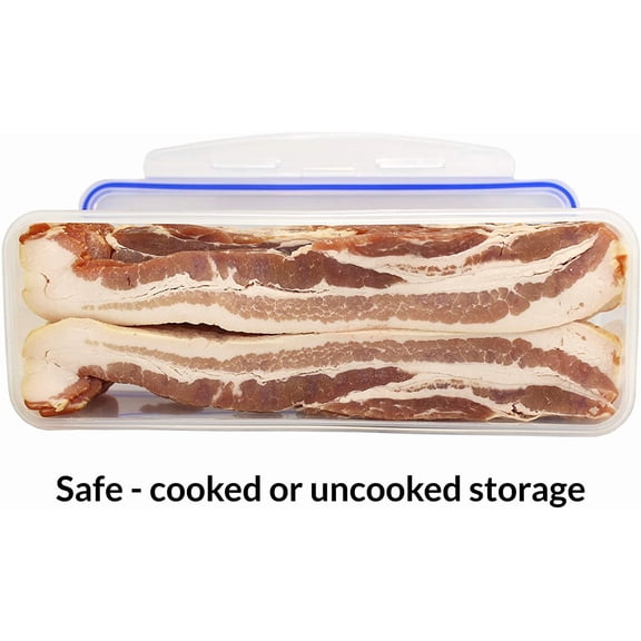 BDIUA-Plastic Storage Container for 2lbs Cooked or Uncooked Bacon, Meat, Food - Fresh Seal - Refrigerator, Freezer, Dishwasher, and Microwave Safe. Food Grade BPA Free