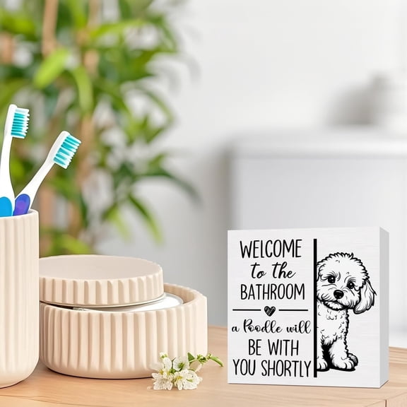 BDIUA-Poodle Bathroom Wooden Box Sign, Dog Bathroom Decor, Poodle Dog Lover Gifts Wood Block Plaque Signs for Bath Room Toilet Washroom Shelf Counter Decor, 5x5 Inch