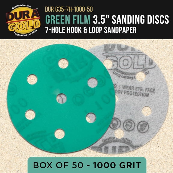 BDIUA-Premium 1000 Grit 3.5" (90mm) Green Film Sanding Discs, 7-Hole Pattern, Box of 50 - Fits Festool RO 90 Rotex Hook & Loop Backing Sandpaper for Random Orbital Sanders, Detail Color Auto Paint