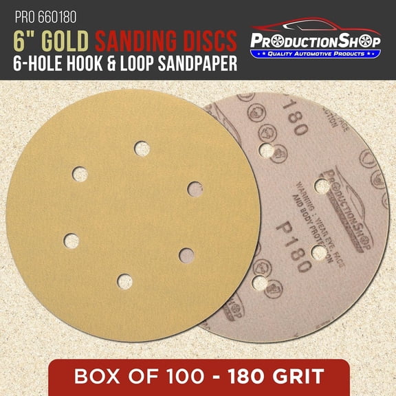 BDIUA-Premium 180 Grit 6" Gold Sanding Discs, 6-Hole Pattern, Box of 100 - Dustless Hook & Loop Backing Sandpaper for DA & Random Orbital Sanders, Sand Auto Paint, Wood Woodworking Furniture