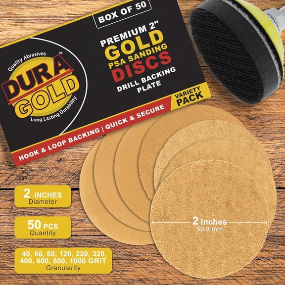BDIUA-Premium 2" Gold Hook & Loop Sanding Discs Variety Pack Box - 40, 60, 80, 120, 220, 320, 400, 600, 800, 1000 Grit (5 Sheets Each, 50 Total) & Drill Backing Plate, Automotive, Woodworking