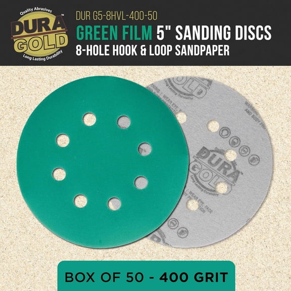 BDIUA-Premium 400 Grit 5" Green Film Sanding Discs, 8-Hole Pattern, Box of 50 - Dustless Hook & Loop Backing Sandpaper for DA & Random Orbital Sanders, Sand Automotive Paint Woodworking Furniture