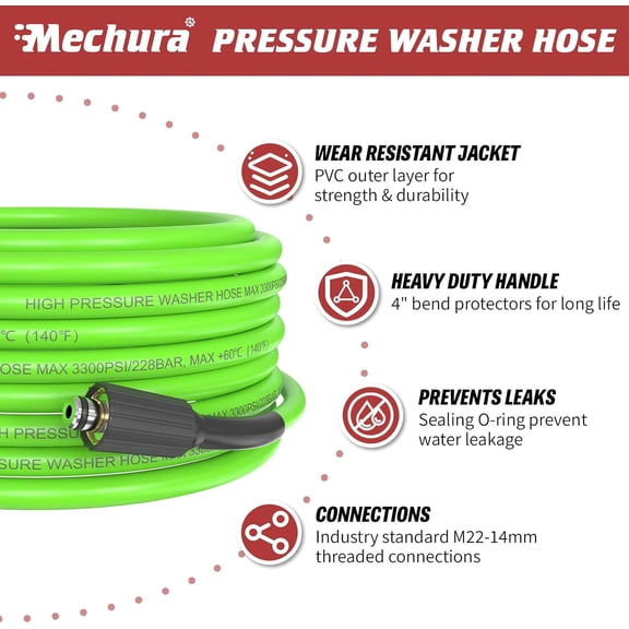 BDIUA-Pressure Washer Hose 25 FT, 1/4" PVC Green Power Washer Hose, 3300 PSI Kink Resistant Pressure Water Hose, M22-14mm Extension Hose Replacement for Home Use