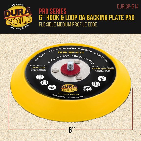 BDIUA-Pro Series 6" Hook & Loop DA Backing Plate Pad - 14mm Thick Medium Profile Edge, Dual-Action Random Orbital Sanding Pad, 5/16" - 24 Threads - for Sander Polisher Auto Woodworking Sandpaper