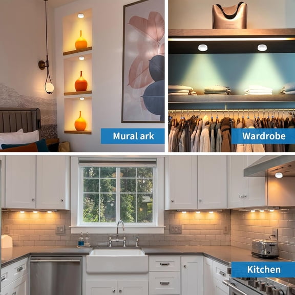 BDIUA-Puck Lights with Remote,Battery Operated Under Cabinet Lighting with Dimmable Timer, 3000K Stick-On Closet Light Under Counter Lights for Kitchen(White,3 Pack)