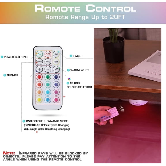 BDIUA-Puck Lights with Remote, Wireless LED Puck Lights Battery Operated, 13 RGB Colors Changing Under Cabinet Lights, Dimmable Closet Lights with Timer, Battery Included (6-Pack)