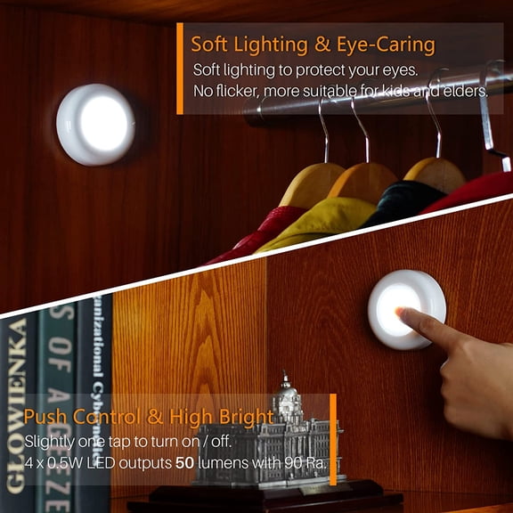 BDIUA-Push Tap Light, 2.8 Mini Night Touch LED Puck Lamp, Portable Under Cabinet Lighting AAA Battery Operated Powered, DIY Stick On Lights for Closet, Counter, Kitchen, Cool White, 5 Pack