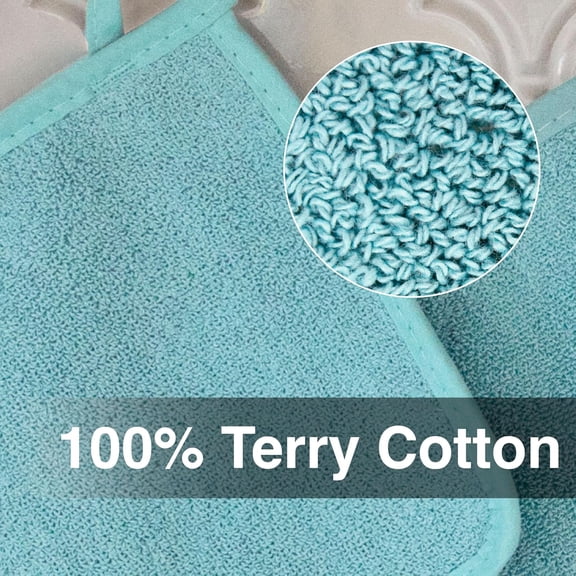 BDIUA-RITZ Terry Potholder & Hot Pad: Unparalleled Heat Resistant, Durable 100% Cotton Ergonomically Designed for Optimal Grip Easy-Care Machine Washable 4-Pack, Dew